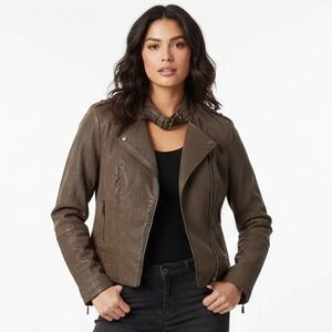 NWT J2 Womens Faux Suede Moto Jacket Brown Edgy Rocker Skater Biker Size M